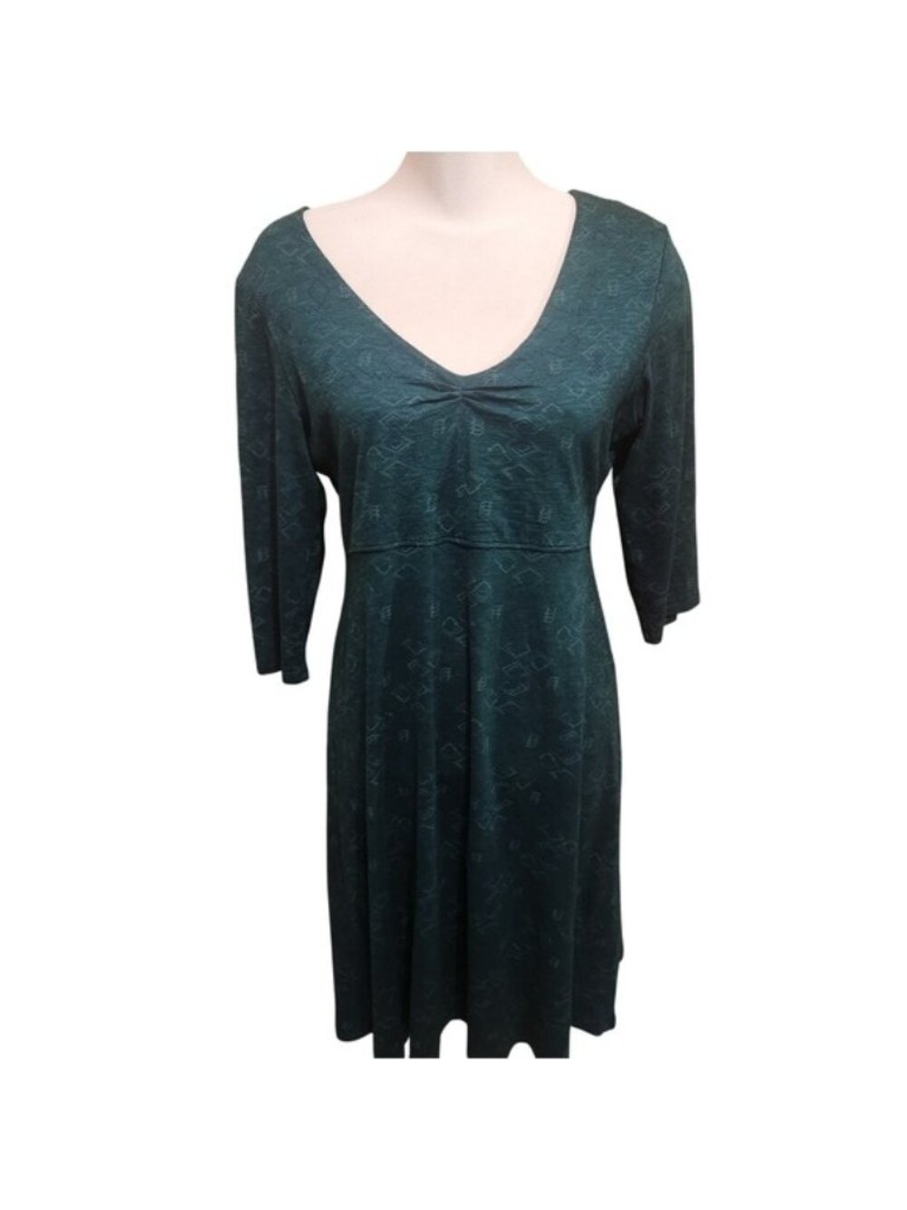 Toad&Co Teal Green Geometric Print V-Neck 3/4 Sleeve Dress Organic Cotton Large